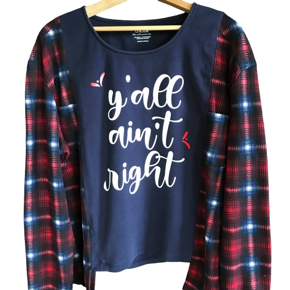 Upcycled Flannel Shirt: Reworked Oversized Y’all Ain’t Right Graphic, Size M-L